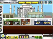 Screenshot of Shop Empire 2 free online game, showing a top-down view of a bustling, multi-story shopping mall with various placed shops and tiny employee characters.