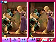 Screenshot from the Tangled 10 Differences game showing two side-by-side images of Rapunzel and Flynn Rider in a forest, waiting for the player to find the hidden differences
