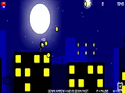 Screenshot of RoboPolice Chase Online showing a small, dot-eyed character running away from large, destructive robotic police units in a ruined city environment