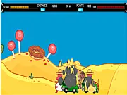 Screenshot from Bison Revenge online game showing the Buffalo Boy character charging towards a wall of sweet desserts and biscuits to destroy them.