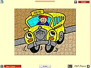 School Bus Puzzle gameplay screenshot showing a yellow bus with children – Play Free Online Jigsaw Puzzle Game