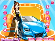 Screenshot of the Auto Show Girl Dress Up game showing a model standing next to a car with various clothing, hairstyle, and accessory options for the player to choose from