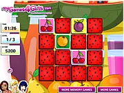 Screenshot of the Fruit Memo Game online showing a grid of cards with various fruits like bananas and cherries face-up and face-down.