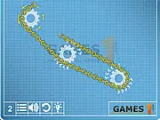 Screenshot of Chain Master Puzzle Game showing a grid with several colorful gearwheels that need to be connected by a single chain segment to rotate in specified directions