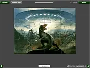 Dinosaurs vs Aliens Jigsaw game screenshot, puzzle pieces showing a dinosaur fighting an alien, free online puzzle game