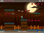 Sombiez free online platform game screen showing the hungry zombie character jumping over an obstacle to collect a brain