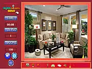 Screenshot of the Family Room Hidden Objects game showing a cluttered living room with a list of items to find