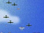 Midway Island 1942 free online war game screenshot showing a helicopter flying over a sea battle with aircraft carriers