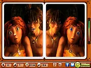 Screenshot from The Croods Spot the Difference game showing two side-by-side scenes of the Croods family, with subtle differences to identify
