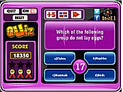 Quiz Mania Online game screenshot showing a general knowledge multiple-choice question with four options, a timer, and the three available lifelines.