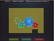 Screenshot of Gearzzle 2 game showing interlocking blue, green, and red gears on a grid, free online puzzle game