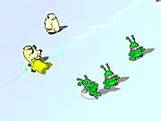 Screenshot of the Grundo's Snow Throw game showing a Grundo character throwing a snowball at a large bear opponent against a snowy background.