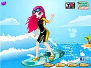 Screenshot of Surfing Weekend Dress Up game showing a girl named Mona on a beach next to a surfboard with a bright blue sky and ocean background