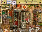 Screenshot of Missed Letters Enigma, a hidden object game showing a colorful, detailed outdoor scene of a peaceful small town post office with several letters to be found