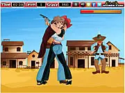 A handsome cowboy and a girl secretly kissing in a saloon, while onlookers threaten to catch them in the free online game The Kissing Cowboy