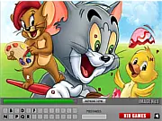 Tom and Jerry: Find Hidden Letters online game showing Tom chasing Jerry in a kitchen scene with hidden letters scattered around