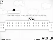 Screenshot of the White Random game showing a minimalist white environment with placed blocks, a conveyor belt, and a bomb ready to trigger a chain reaction towards the exit.