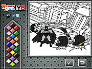 Online coloring game featuring a black and white outline of the superhero Batman ready to be colored, showcasing the artistic tools and color palette.