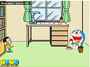 Nobita Paper Toss online game, free arcade skill game with Doraemon, flicking paper into a waste bin against the fan wind, high score game