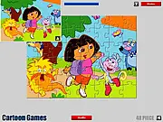 Dora Jigsaw online game screen showing shuffled pieces of a Dora the Explorer cartoon scene on a puzzle board