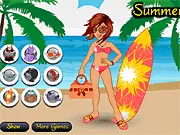 Beach Day Bikini Dress Up game featuring a girl in a stylish bikini on the beach, and then in a summer dress for a BBQ