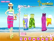 Summer Beach Dress Up game with girl wearing a long summer dress and a stylish sun hat at the beach