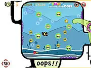 Puffer Fish online game screenshot, a yellow puffer fish character swimming through a vibrant coral reef, avoiding obstacles and larger sea creatures.