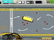 Screenshot of School Bus License 3 parking game showing a yellow school bus maneuvering through an obstacle course