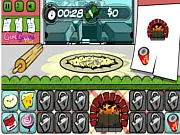 Buona Pizza free online time management game screenshot showing a busy kitchen counter with various pizza ingredients and a customer waiting for an order