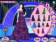 Screenshot from Movie Star Dress Up game showing the actress Amanda wearing a beautiful evening gown with a full makeup and a styled hairstyle