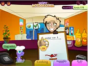 Play Hopy Hotdoggeria free online food management game. Screenshot showing Hopy serving hot dogs to customers.