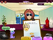 Play Hopy Hamburgeria free online management game. Screenshot showing Hopy making and serving custom hamburgers in the kitchen.