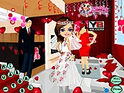 Valentines Day Wedding Dressup free online game showing a bride-to-be trying on a romantic white wedding dress and holding a bouquet of red roses