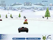 Screenshot of 3D Snow Race showing a red car drifting on a snowy road with a map visible in the corner. Free 3D car racing game online.