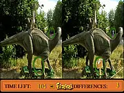 Differences in Dino Land free online spot the difference game showing two side-by-side images of dinosaurs in a prehistoric jungle