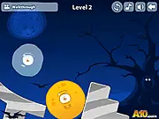 Rolling Ghosts free online puzzle game screenshot showing a cute white ghost bouncing between obstacles in a purple haunted room