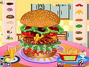 Hot Burger free cooking game, playing online food creation, adding toppings to a delicious burger, virtual kitchen game