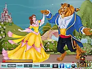 Screenshot of the Kissing Beauty and the Beast game showing the princess and the beast leaning in for a secret kiss with a warning indicator visible.