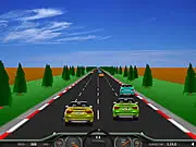 Car driving game screenshot showing a red car navigating traffic on a highway in the game Highway Traveling.
