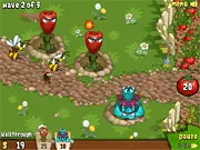 Screenshot of Save My Garden game showing various colorful defender plants shooting at waves of insects attempting to reach a pile of harvested fruit