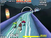 Screenshot of the Jet Velocity 2 futuristic racing game showing an anti-gravity ship speeding down a neon track with weapons firing.