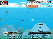 Old Man Fishing free online game showing an old man on a boat casting a hook into water filled with fish and junk on PlayArcadeHub