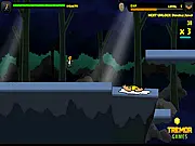 Screenshot of the Flood Runner 4 game, showing a character running across platforms with a wall of water/lava chasing close behind.