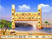 Island Secret Mahjong free online game screenshot showing a tile layout with pirate-themed graphics on a tropical island background