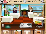 Busy virtual kitchen scene in the Serve Hot time management game with food being prepared and served