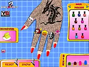 Emo Manicure Salon free online dress up game showing a hand being decorated with dark emo-style nail polish and accessories