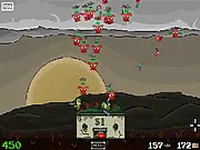 Screenshot of the Alien Assault TD game showing small soldiers defending base buildings from green alien creatures on a dirt battlefield.