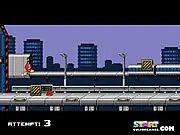 Screenshot of Super Ultimate Impossible, showing a small glider-like character navigating a tight, hazard-filled path in a difficult platform game.