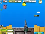 Screenshot of the Rootin' Tootin' Shootin' game, showing a first-person view of a shooting gallery with various targets and explosions.