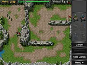 Screenshot of the Tower Empire Defense game showing various defensive towers firing projectiles at a line of incoming enemy units on a winding path.